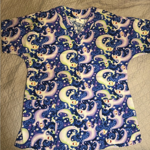 Whitecross Tops - Halloween Holiday Scrub Top with Ghosts, blue background, green and purple ghost